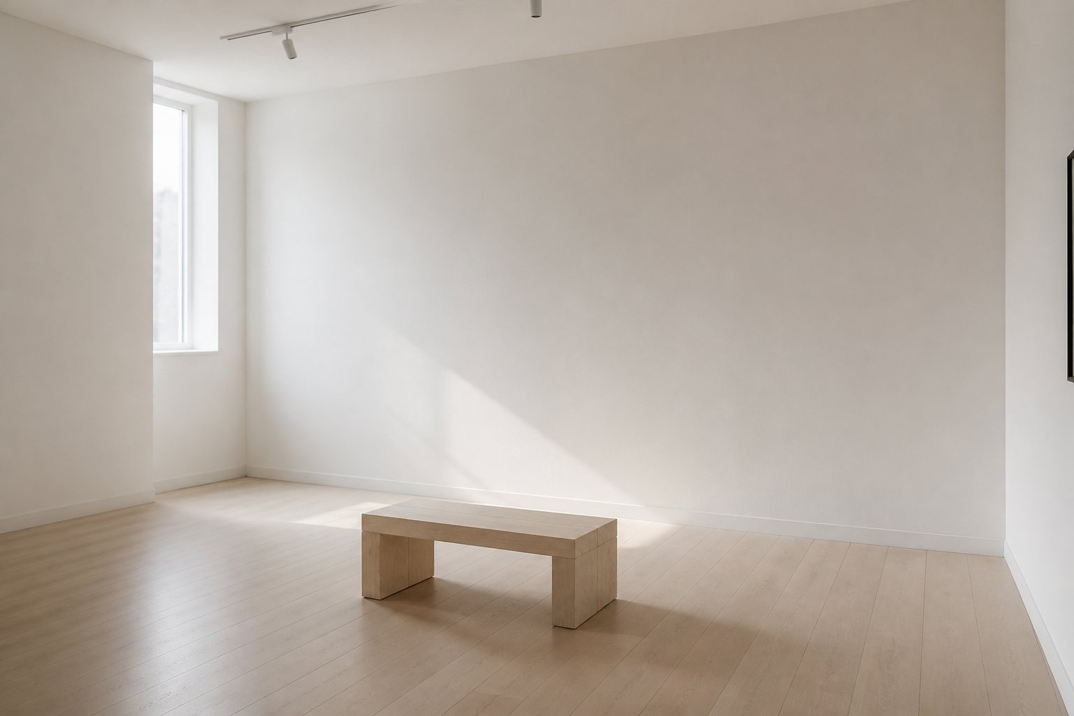 HAKU ROOMの展示室。白壁と木のベンチに、窓からの柔らかい自然光と薄く長い影